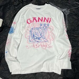 Ganni White Tee with Pink and Blue Graphic